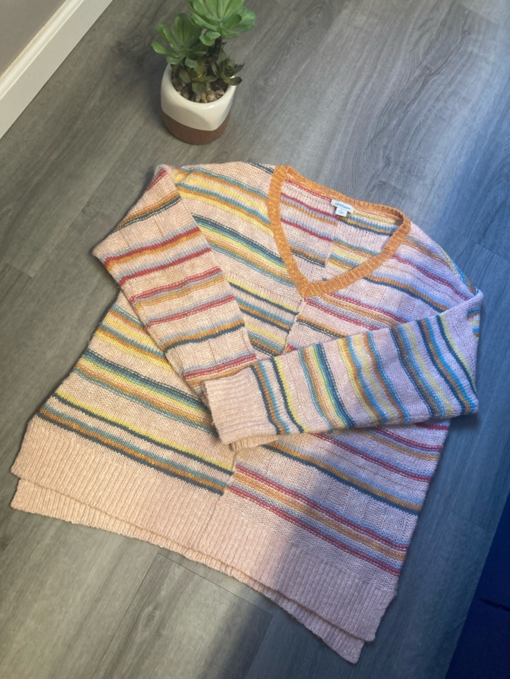 SUNDANCE Symphony Striped V-Neck Multicolor Lightweight Oversized Sweater Boho L - Picture 11 of 13